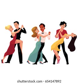 Three couples of professional ballroom dancers dancing, looking at each other, cartoon vector illustration isolated on white background. Three ballroom dance couples dancing tango, waltz, rumba