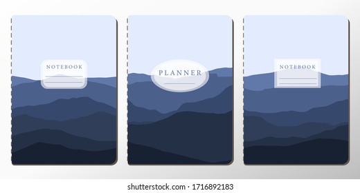 
Three cover page templates. Universal abstract layouts. Dark blue mountain background. Applicable for notebooks, planners, brochures, books, catalogs and other.  Vector illustration.