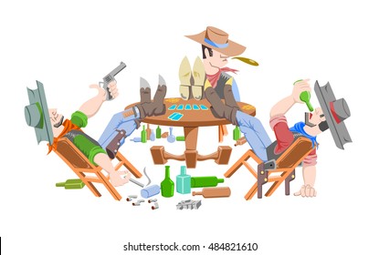 Tres vaqueros en el salón.  El archivo tiene siete capas: los tres vaqueros, jugar a las cartas, mesa, botellas en el suelo, fondo. Los vaqueros no tienen cara.