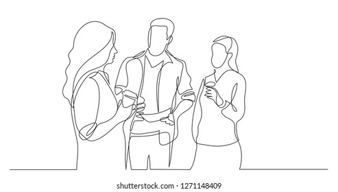 three coworkers chatting drinking coffee - one line drawing
