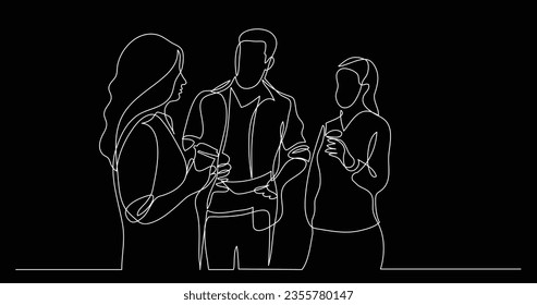 three coworkers chatting drinking coffee - one line drawing