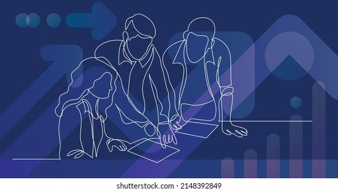 three coworkers discussing project on paper - one line drawing