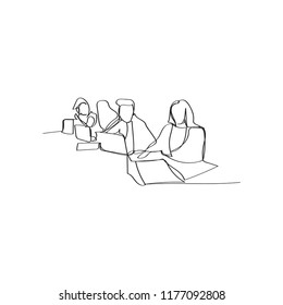 three coworkers working on laptops in continuous line drawing style, thin linear vector illustration