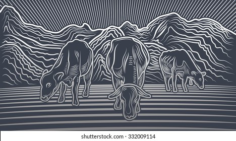 Three cows grazing on a mountain meadow, vector illustration for dairy milk products, stylish fresco