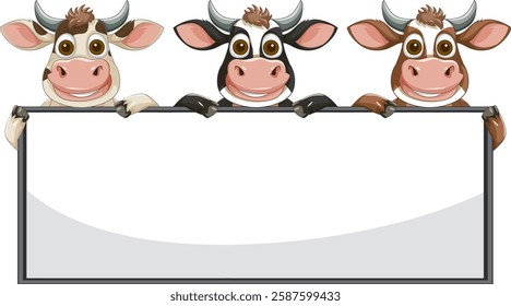 Three cows peeking over a blank sign