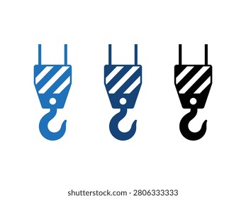Three crane hooks shown in blue, dark blue, and black colors with white stripes