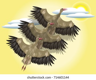 Three Cranes Fly to the Sun. Vector Illustration