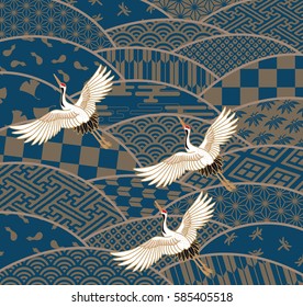 Three cranes and multiple patterned Japanese traditional pattern