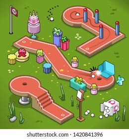 Three crazy golf lanes with obstracles like stairs, including birthday theme with presents and cake (isometric view illustration)