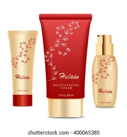 Three cream tubes, Golden and red