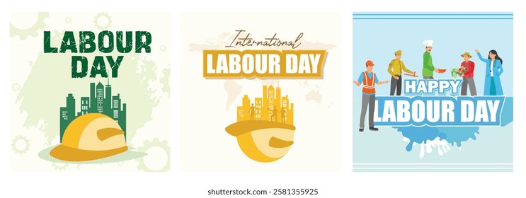 Three creative posters highlighting Labor Day celebrations with urban structures, professions, and safety equipment symbols. Depicts respect and appreciation for hard work and industry.