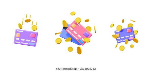 Three credit card designs with falling gold coins. Online payment and cashback concept. E-commerce and money making.