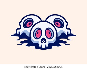 Three Creepy Skull Icons with Red Eyes and Dark Liquid Colorful Cartoon Vector Illustration