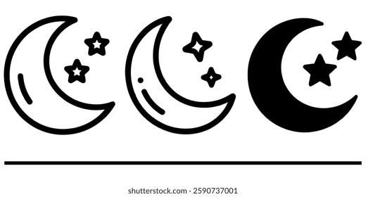 Three crescent moon icons vector with stars, in varying styles: outline, detailed outline, and solid fill.