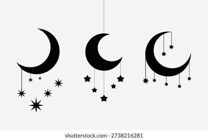 Three crescent moons adorned with stars in a celestial arrangement