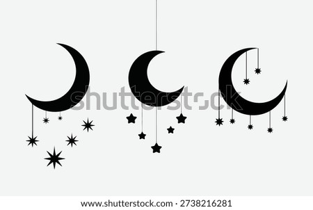 Three crescent moons adorned with stars in a celestial arrangement