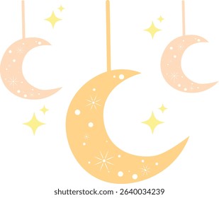 Three crescent moons hanging with bright yellow stars, perfect for Ramadan decor, greeting cards, or celestial Islamic ornament design.

