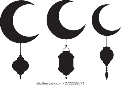 Tres lunas de media luna con linternas colgantes en un diseño sencillo en blanco y negro