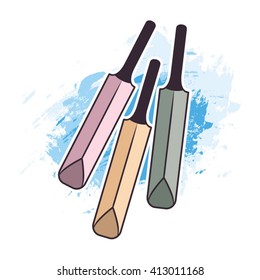 three cricket bats over blue paint stroke