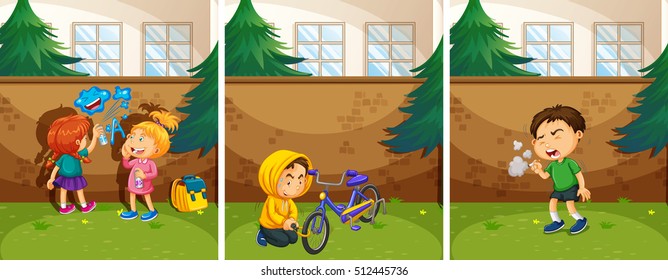 Three crime scenes at the park illustration