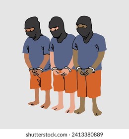 Three criminals caught by the police. Busted when doing illegal thing, wear handcuffs so they can't run away. They are against the law, and will be punished so that society can live safely. 