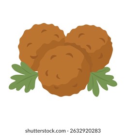 Three crispy falafel balls with herbs, cartoon flat style healthy food illustration.