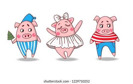 The three cristmas pigs.Chinese New year.Children illustration.