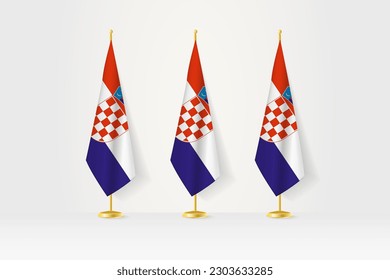 Three Croatia flags in a row on a golden stand, illustration of press conference and other meetings. Vector illustration.