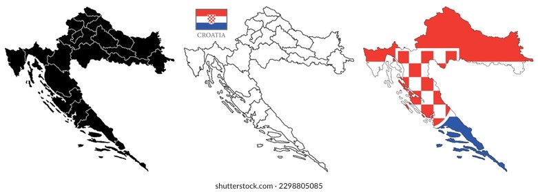 Three Croatia maps background with states and flag. Croatia map isolated on white background. Vector illustration. Europe