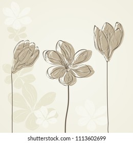 three crocuses painted in a graphic with flowers in the background in the form of silhouettes