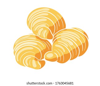 Three croissants cartoon icon. Line art. Vector isolated on white background for cafe, bistro, restaurant menu design design, labels and packaging. Fashionable illustration. Cartoon style. Vector illu