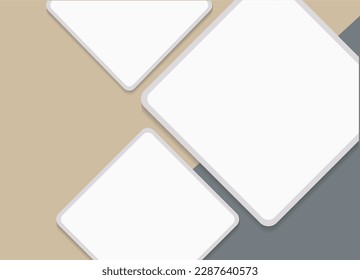 Three cropped empty rhombus photo frames on beige and black background. Website banner template, flyer, leaflet. Vector Mockup for design and advertising. EPS10.