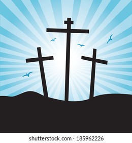Three cross and mountain silhouette. Vector illustration of Good Friday Easter Day Crosses.