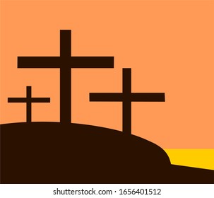 Drei Kreuzsilhouette auf dem Berg bei Sonnenuntergang, Kreuzigung von Jesus Christus mit orangefarbenem Himmel auf Hintergrund