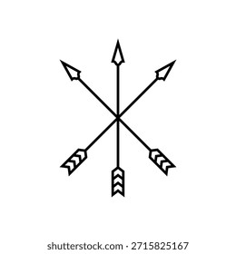 Tres flechas de arco cruzadas. Vector de arte de línea. Esquema ilustración aislada sobre fondo blanco.