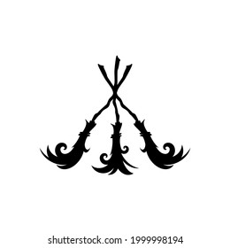 Three crossed brooms. Witch broom. Halloween party logo. Witchcraft and wizardry.  Vector illustration isolated on white. Magic fairytale symbol.