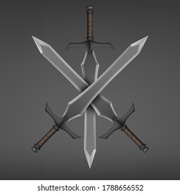 Three crossed medieval sword isolated on dark background. Vector illustration