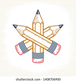Three crossed pencils vector simple trendy logo or icon for designer or studio, creative competition, designers team, linear style.