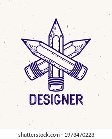 Three crossed pencils vector simple trendy logo or icon for designer or studio, creative competition, designers team, linear style.