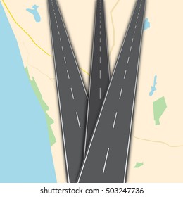 Three crossed road on map, vector illustration. Perspective road, traffic path, marking. Asphalt  roads, map, vector.