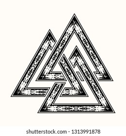 Three crossed triangles. Sacred symbol of Vikings. Ancient sign of eternal life. Scandinavian grange style. Triskelion. Triskele. Black Nordic tattoo. Symbol of water, air and fire. Culture of Celts.