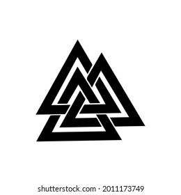 Three crossed triangles. Sacred symbol of Vikings. Ancient sign of eternal life. Scandinavian grange style. Triskelion. Triskele. Black Nordic tattoo. Symbol of water, air and fire. Culture of Celts.