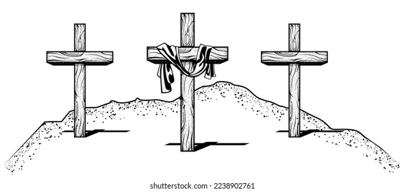 Three crosses with fabric on Golgotha, crucifixion hill in jerusalem, biblical mount Calvary, resurrection, vector