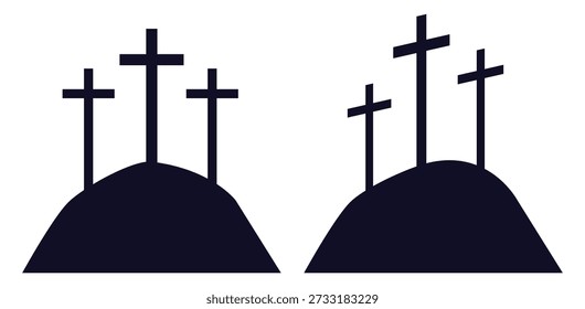 Três cruzes do Monte Gólgota. Símbolo da religião cristã. Jesus crucifixo. Memorial cristão. Morte e ressurreição. Fé de Deus. Santa crucificação. Silhueta de vetor preto ícones espirituais conjunto