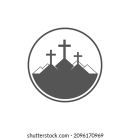 Tres cruces en Calvary. Plantilla de emblema cristiano. Pasión de Cristo. Sin ofrenda. Ilustración vectorial cristiana aislada, fondo bíblico.