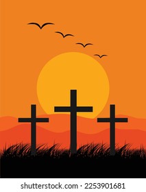 Three crosses on Calvary, Christianity vector illustration background