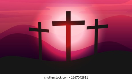 Three Crosses On Calvary, Crown Of Thorns Vector Illustration.