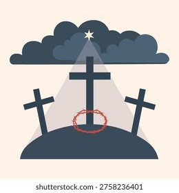 Three Crosses on Calvary Hill with Crown of Thorns and Divine Light