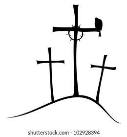 The three crosses on Golgotha, crown of thorns and doves.