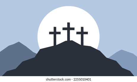 Three crosses on Golgotha. Easter. Crucifixion and resurrection of Jesus Christ. Vector illustration